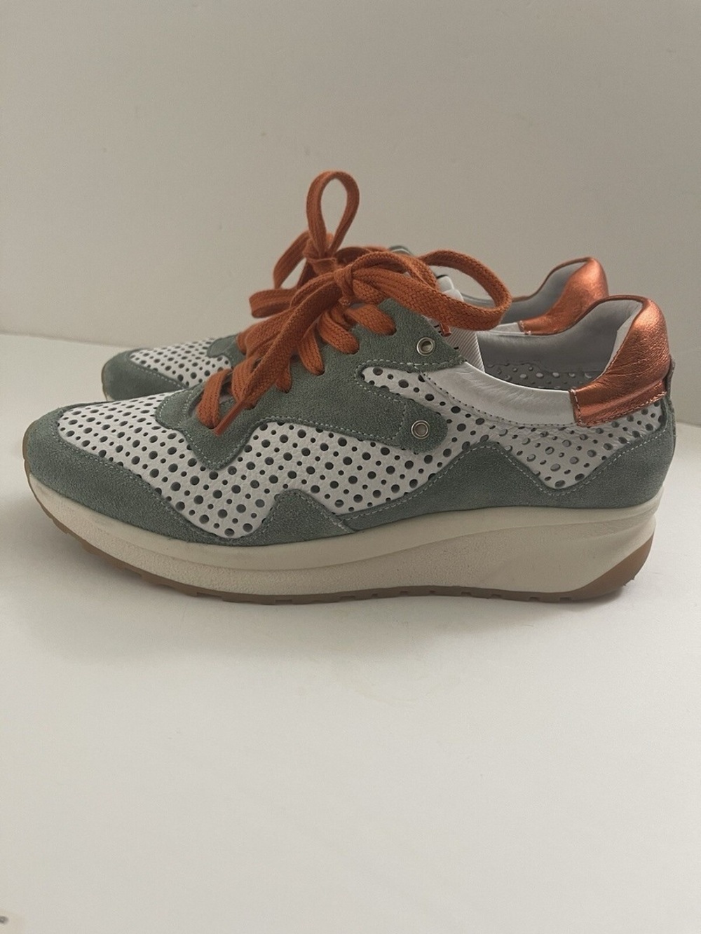 Vaddia Perforated Green and White Women's Platform Sneakers with Copper Accent